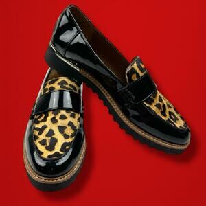 Y2K Vintage Black Patent Leather Leopard Cow Hair Lug Sole Chunky Loafers 8